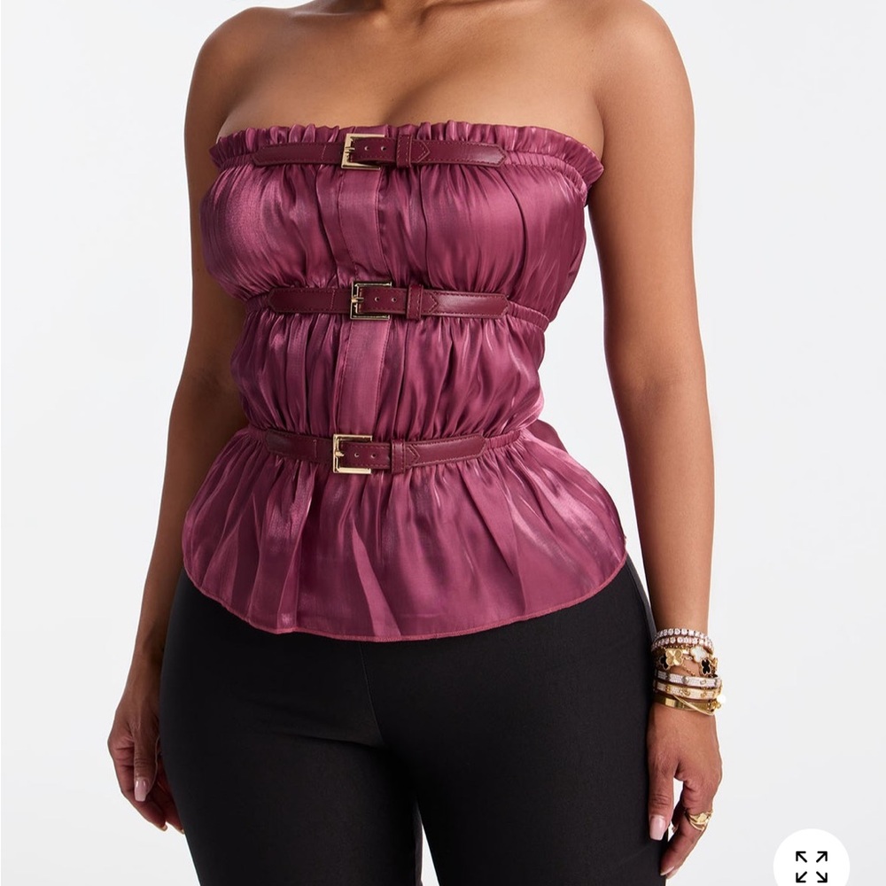 Fashion Nova Strapless Burgundy Ruffled Belted Peplum Camisole